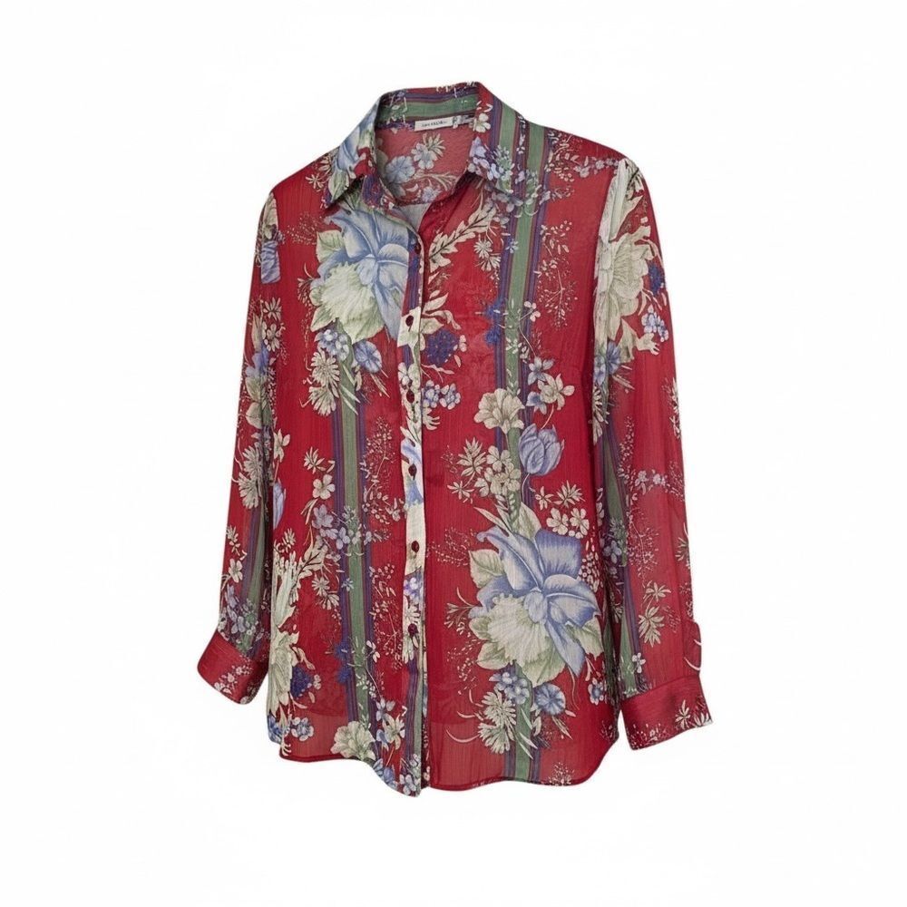 Chi Sheer Floral Print Button Down Shirt‎